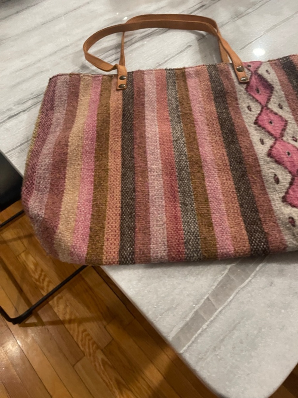 Striped Pink & Brown Woven Tote Bag with Leather Handles - Picture 2 of 4